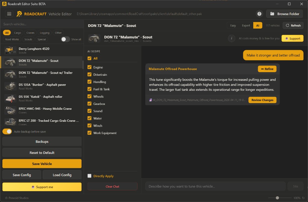Vehicle Editor with AI mode: scope, chat, and generated tune with Review Changes