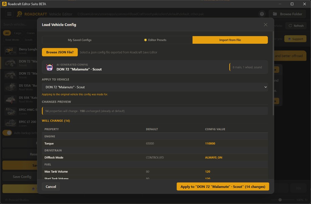 Load Vehicle Config showing AI generated tune with property-by-property diff before apply