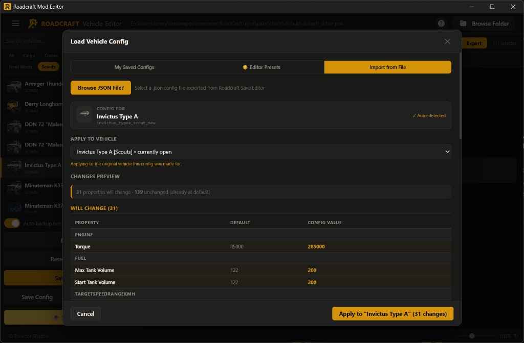 Load Vehicle Config on Import from File tab showing Browse JSON, auto-detected vehicle, and Will Change property list