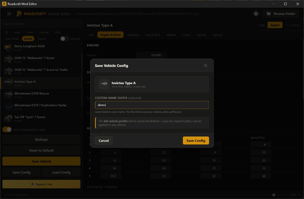 Save Vehicle Config dialog with optional custom name suffix and Save Config button