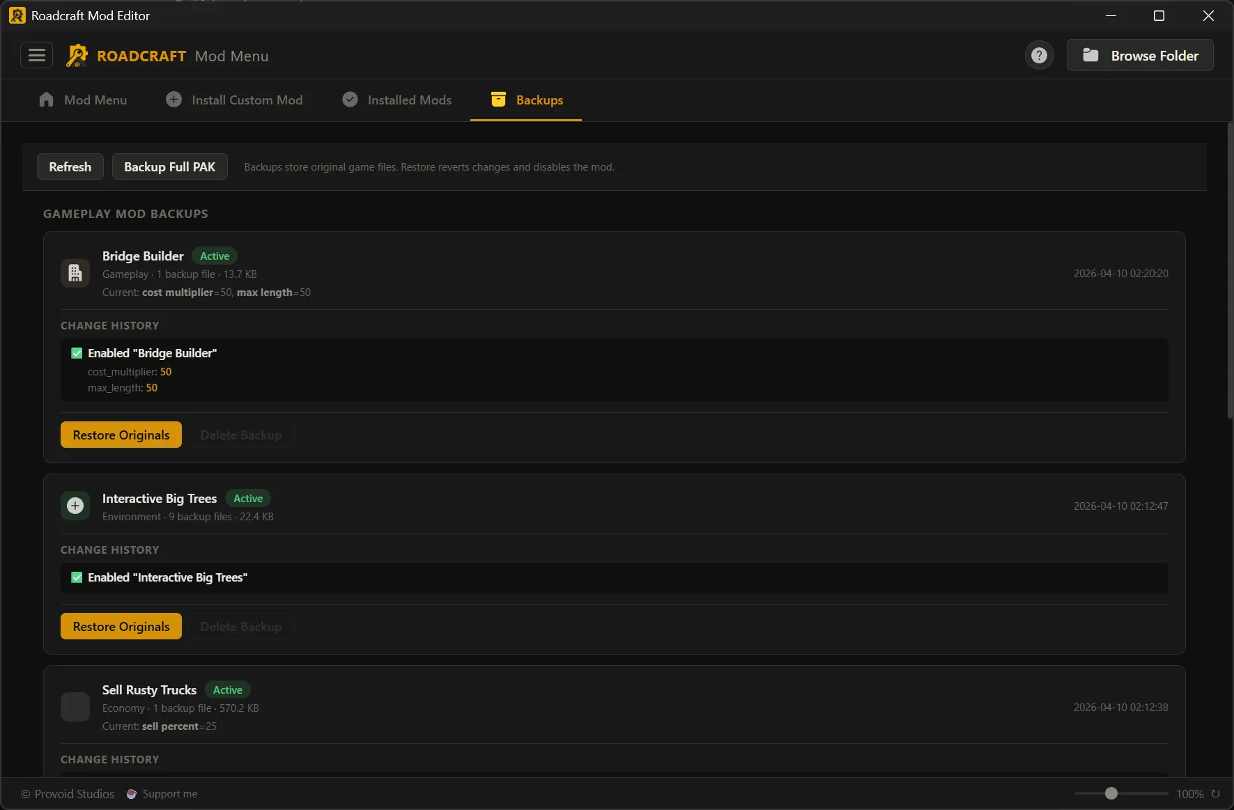 Mod Menu: Mod backups tab