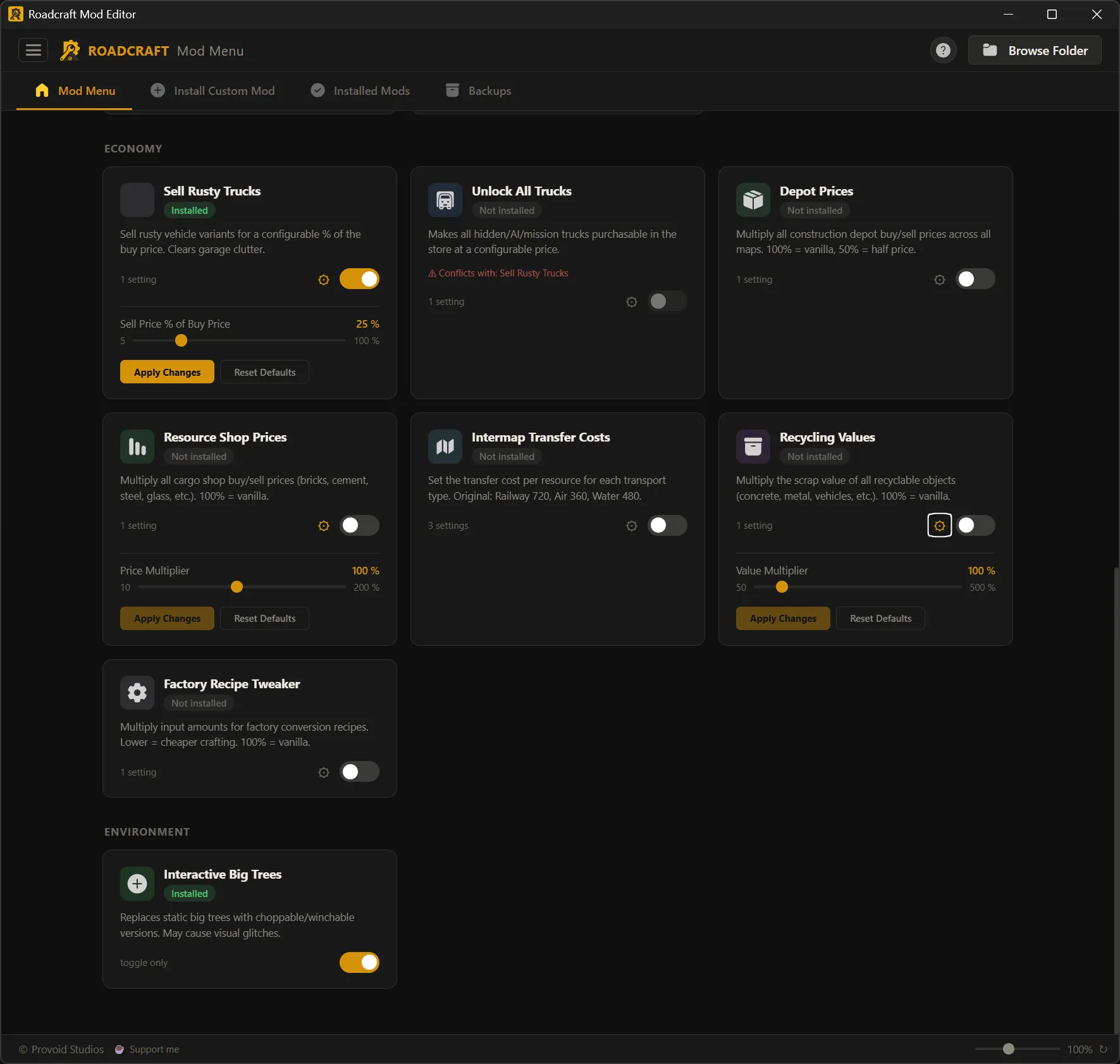 Mod Menu: Economy and Environment mod cards