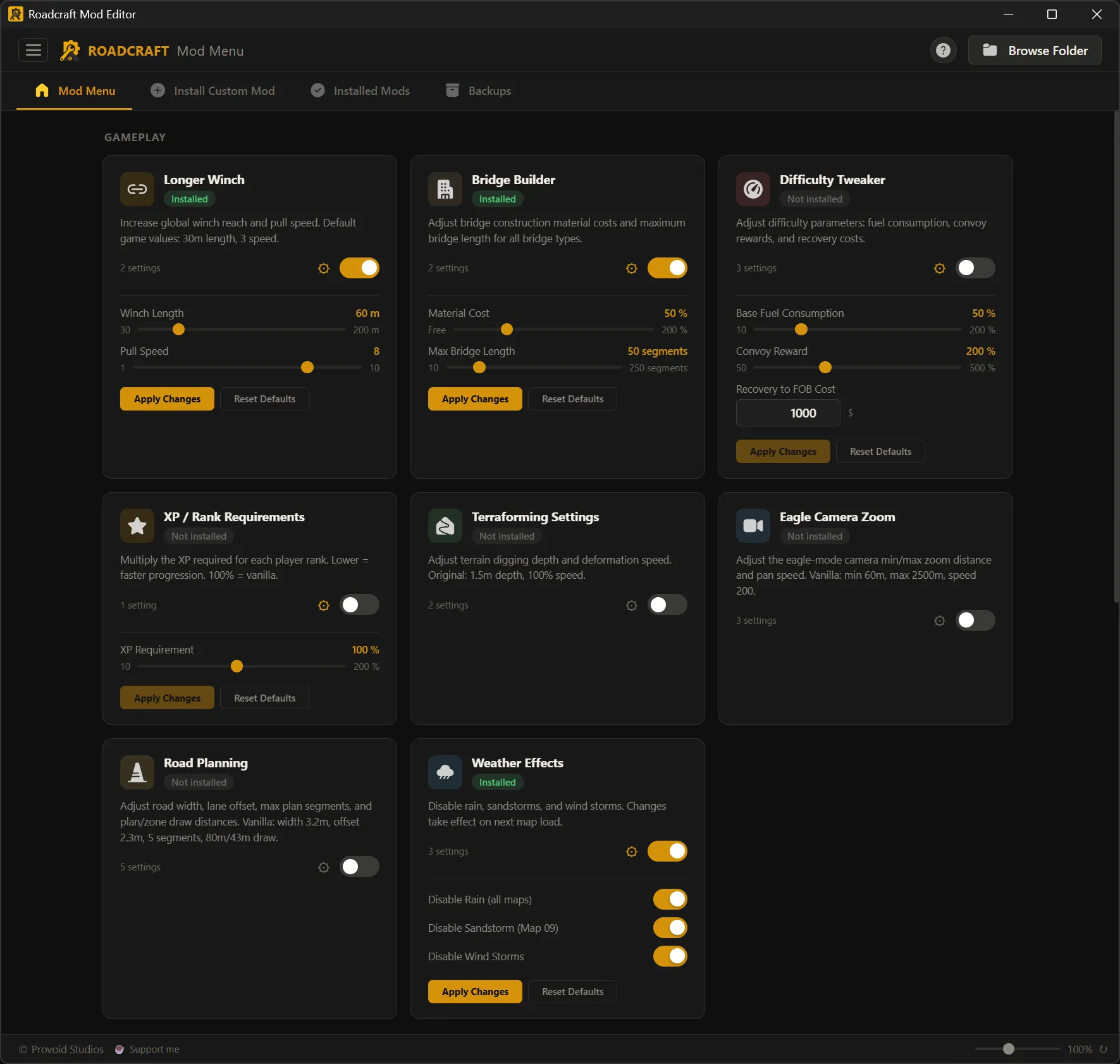 Mod Menu: Gameplay mods grid