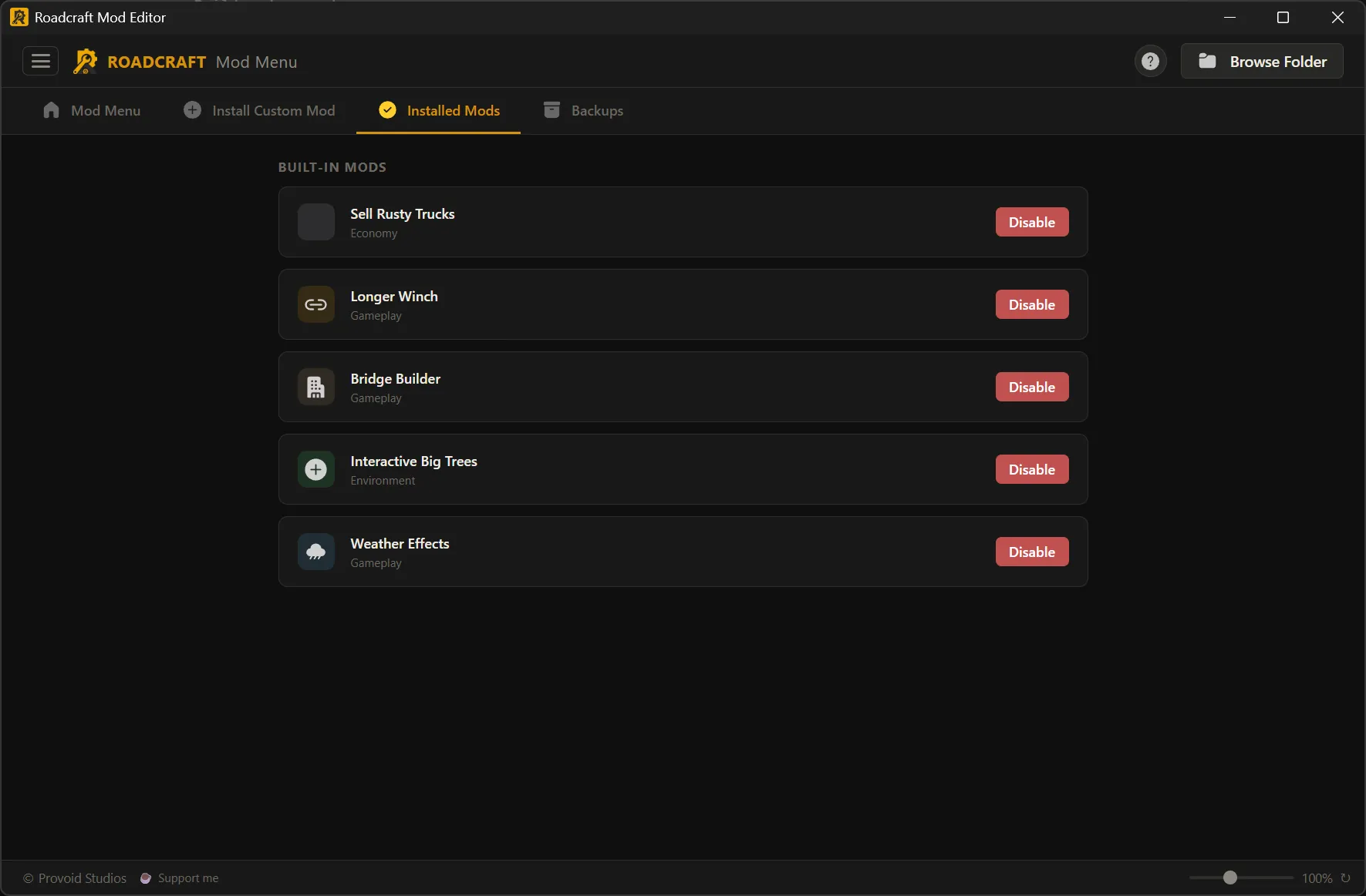 Mod Menu: Installed mods list