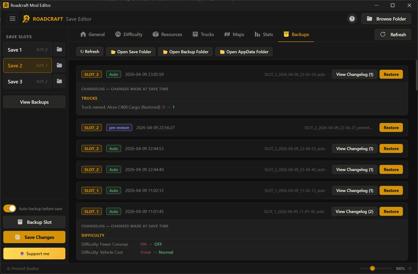 Save Editor Backups tab: backup list, changelogs, and restore with safety copy