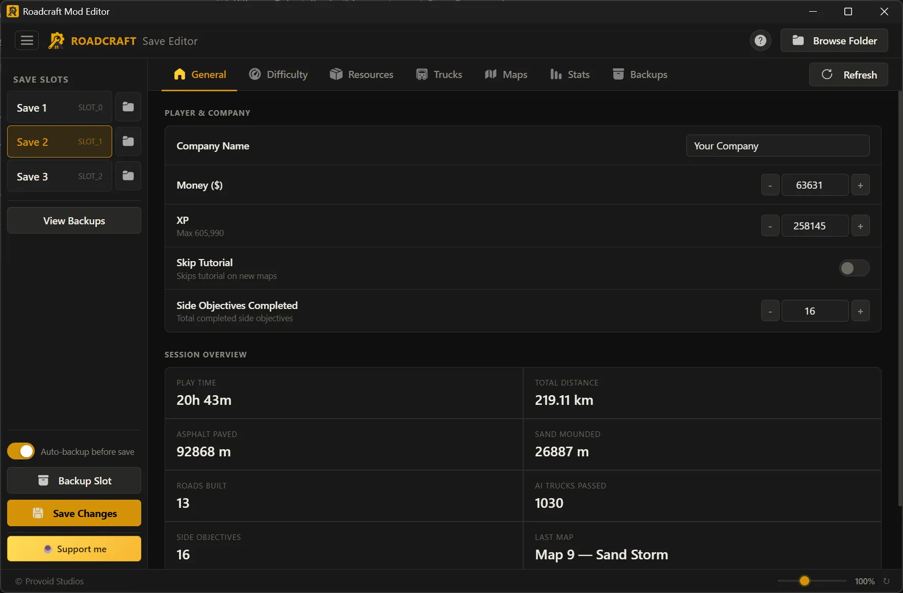 Save Editor General tab: company balance, money, XP, and session stats