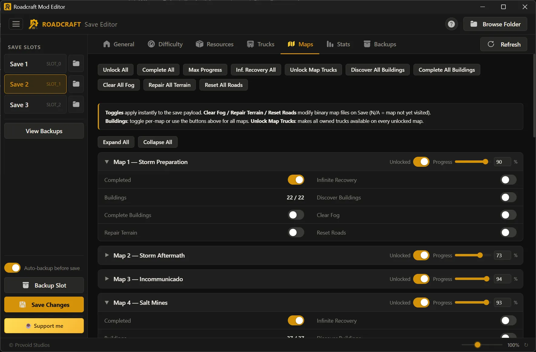 Save Editor Maps tab: map unlock, missions, fog, and terrain tools when available