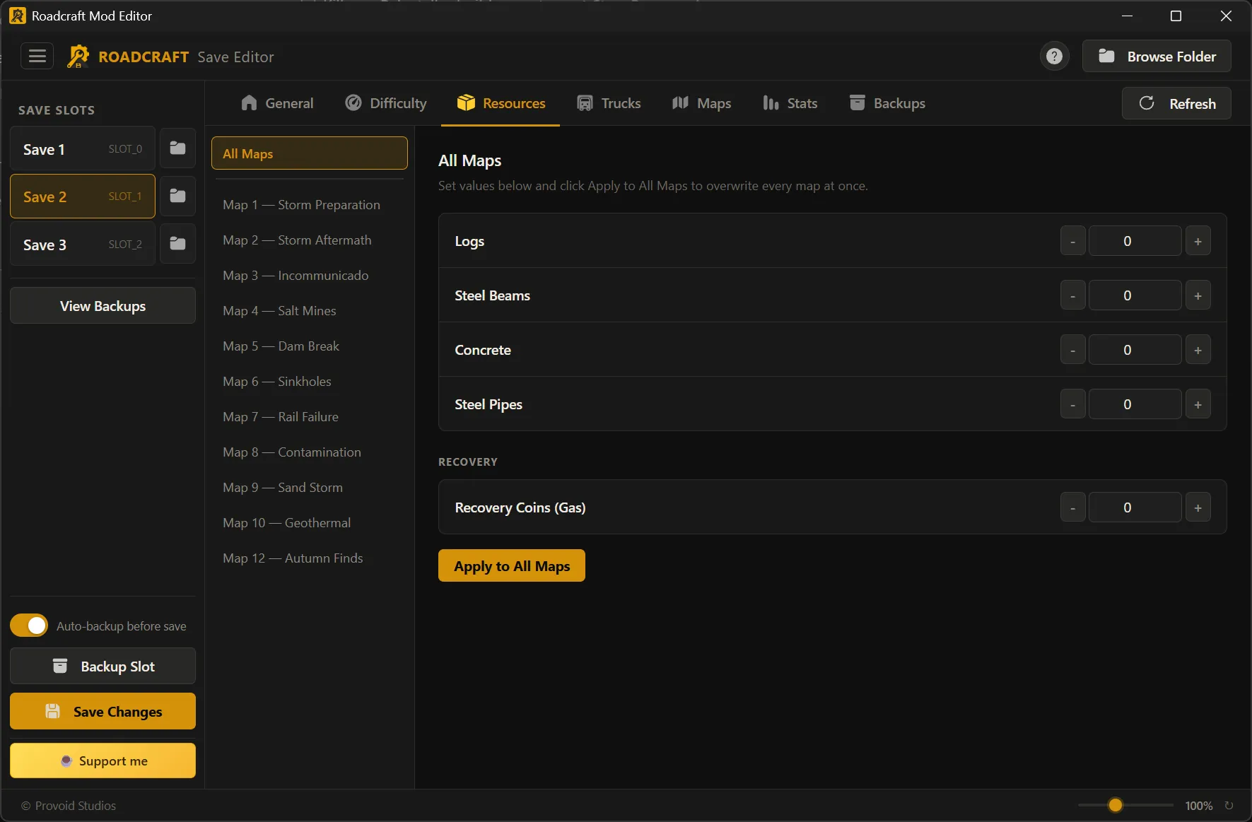 Save Editor Resources tab: per-map and global resource controls