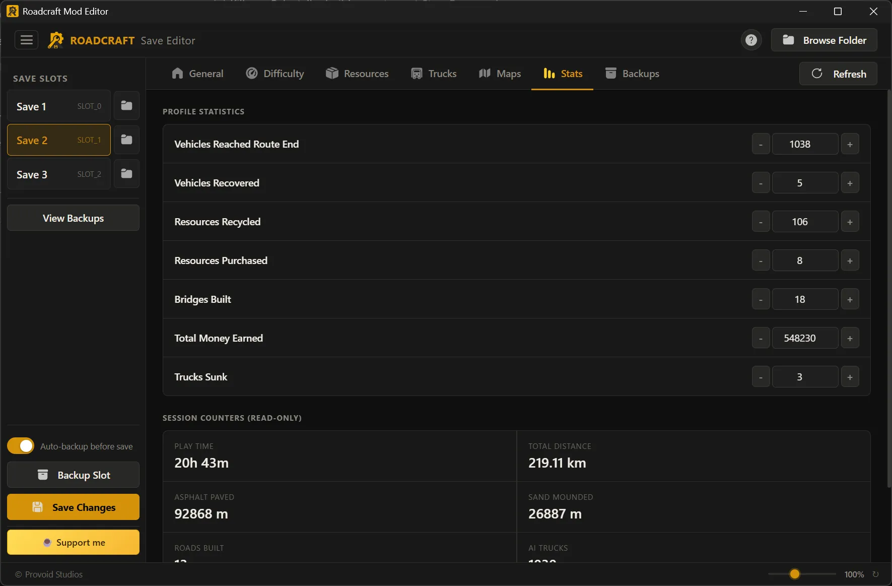 Save Editor Stats tab: profile and session statistics