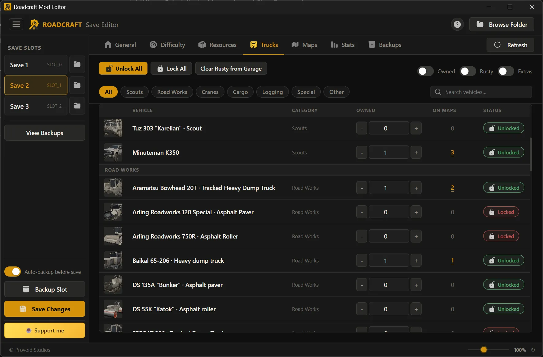 Save Editor Trucks tab: garage list, categories, filters, and deployment