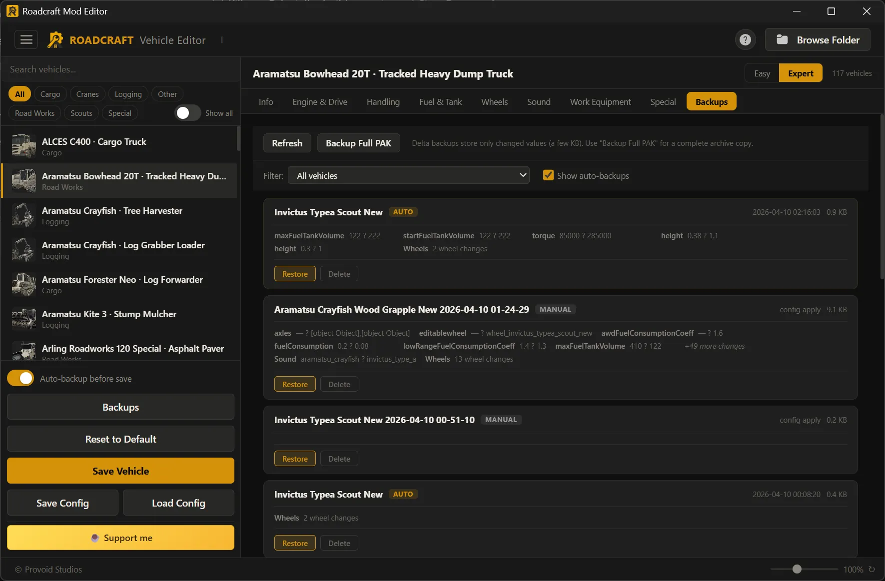 Vehicle Editor Backups tab