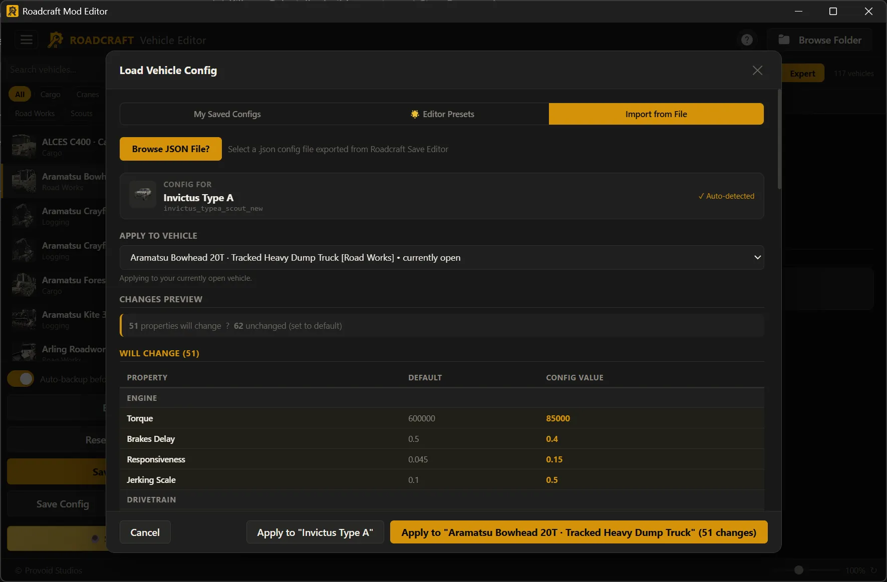 Vehicle Editor Import config from JSON with diff preview