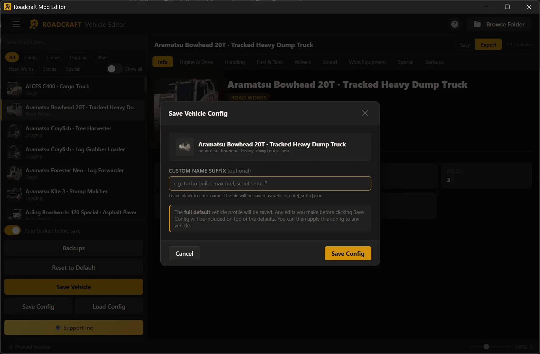Vehicle Editor Save Vehicle Config modal