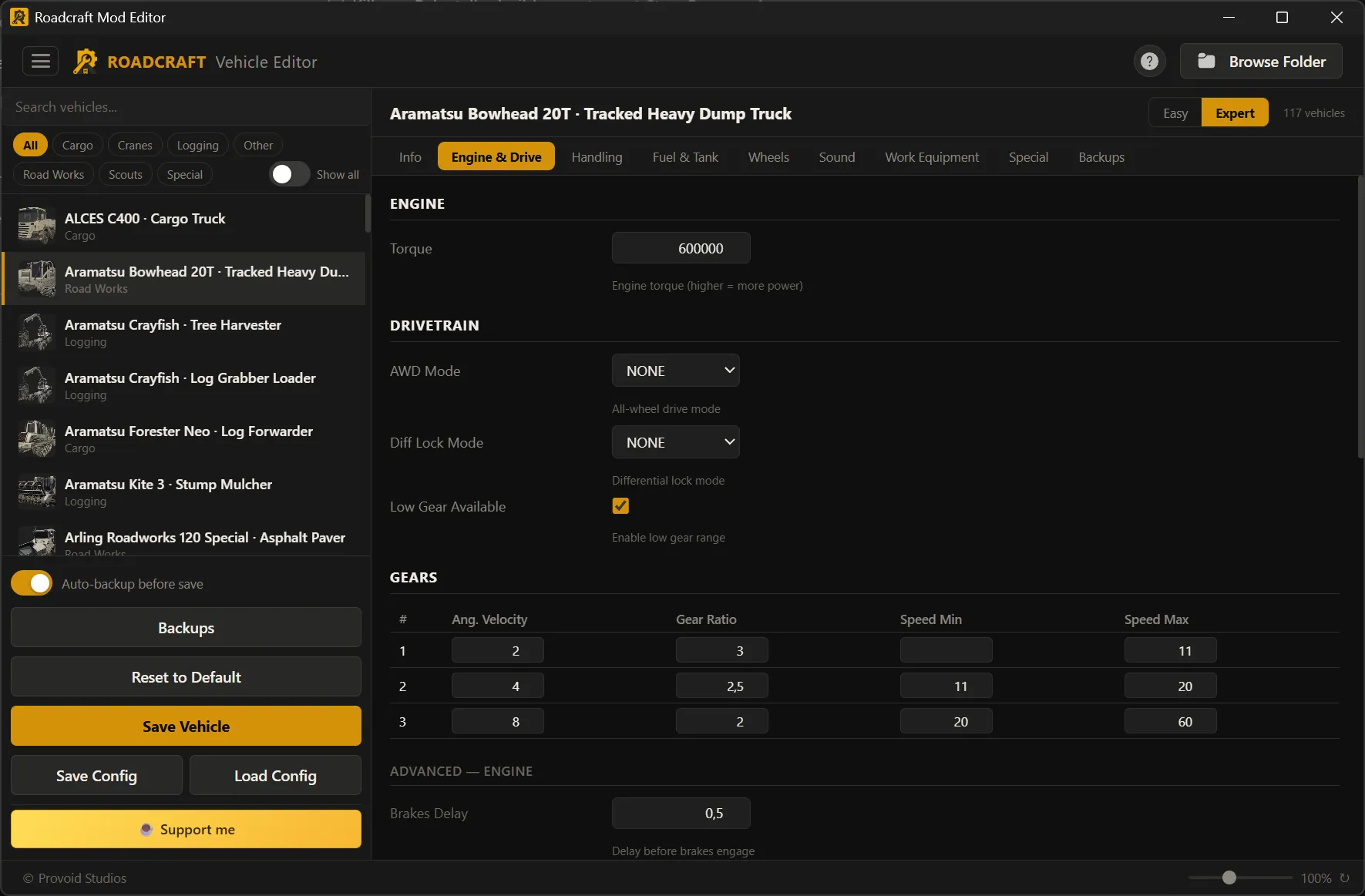 Vehicle Editor Engine and drive tab