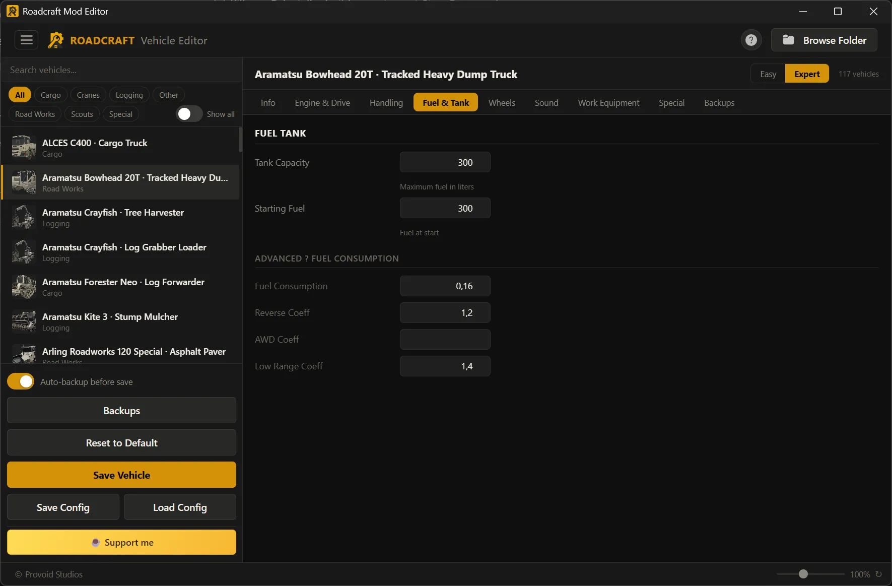 Vehicle Editor Fuel and tank tab