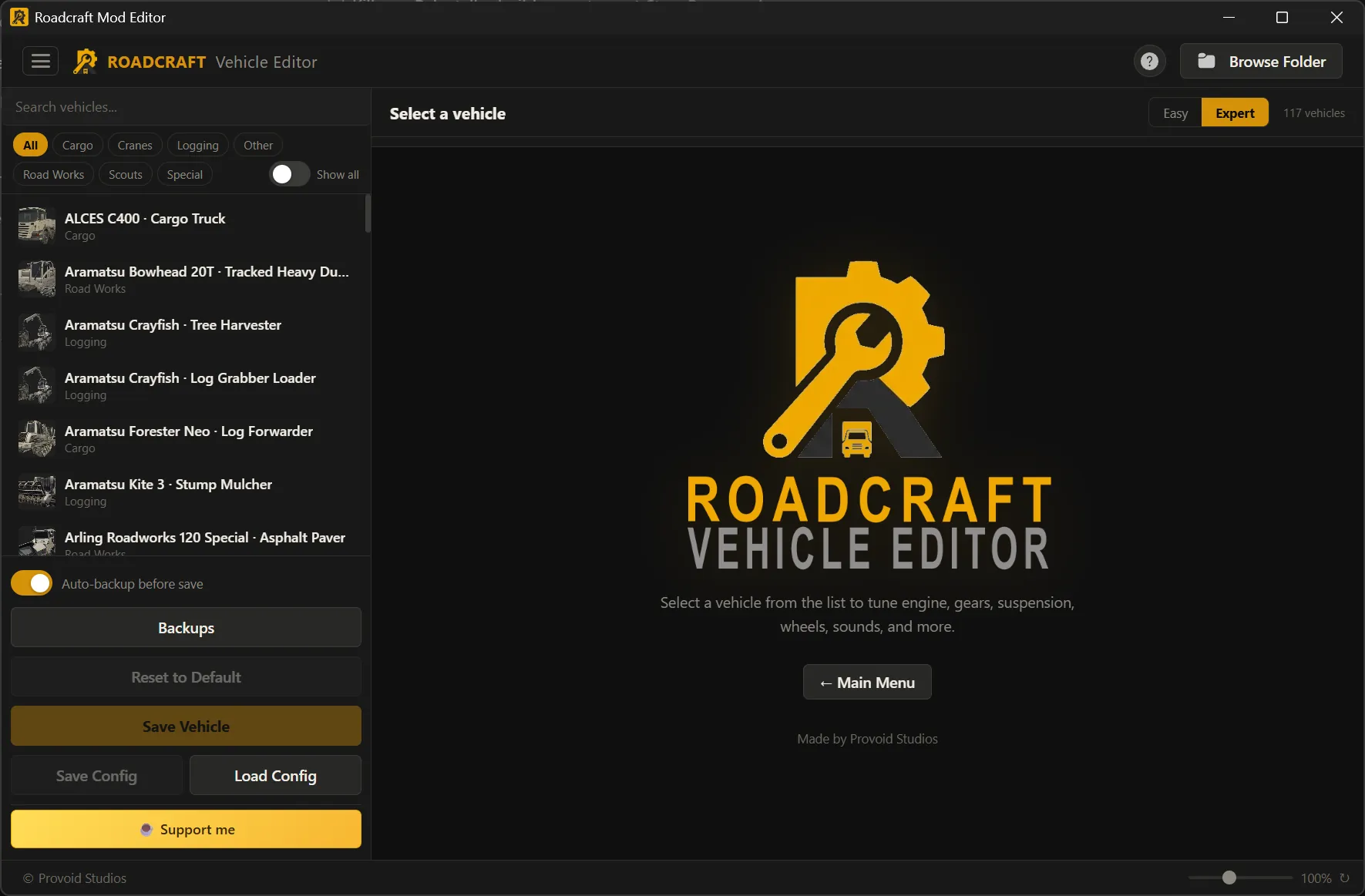 Vehicle Editor: select a vehicle landing with sidebar list