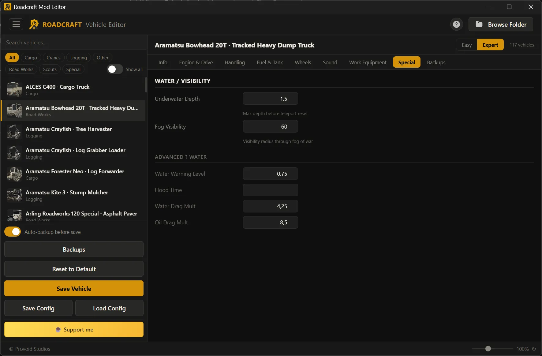 Vehicle Editor Special tab