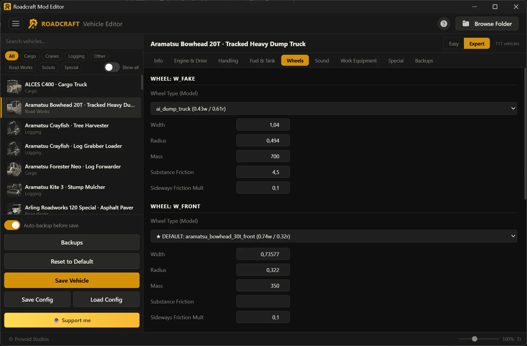 Vehicle Editor Wheels tab