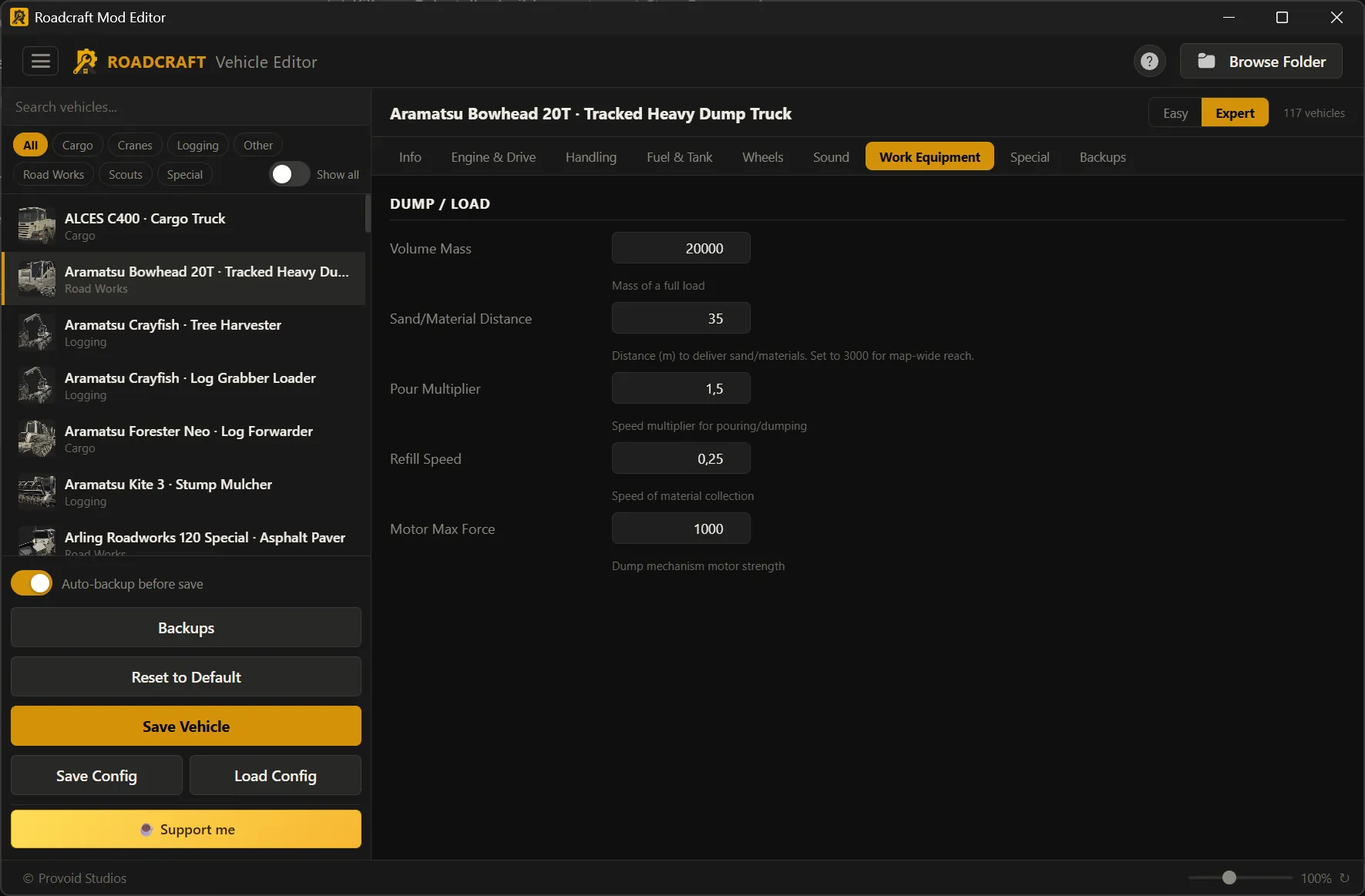 Vehicle Editor Work equipment tab